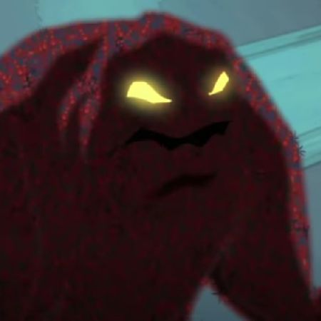 Swarm has yellow eyes and is covered by red bees.